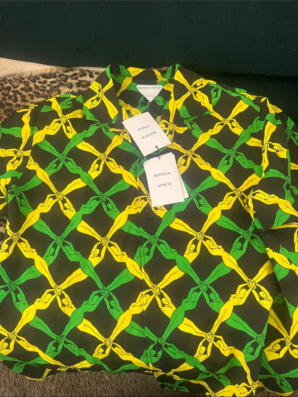 Bottega Veneta Black Shirt with Yellow & Green Graphic Chain Print